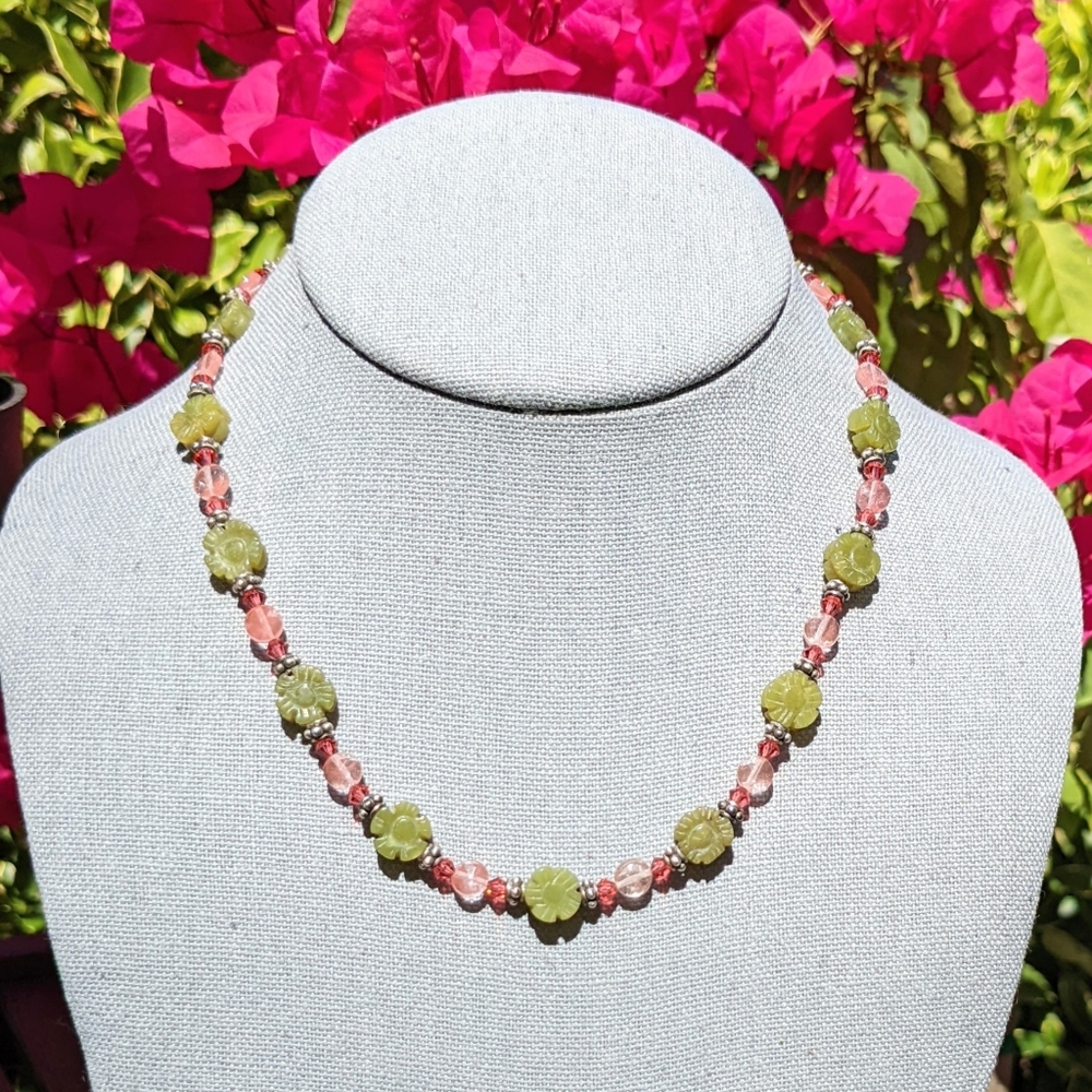 Necklace with Jade, Strawberry Quartz, Swarovski Crystals, and Sterling Silver